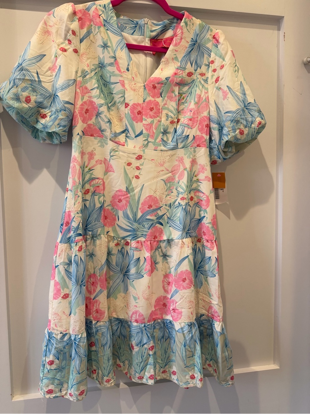 Womens White Floral Tiered Dress with Pink & Blue Print puff sleeves